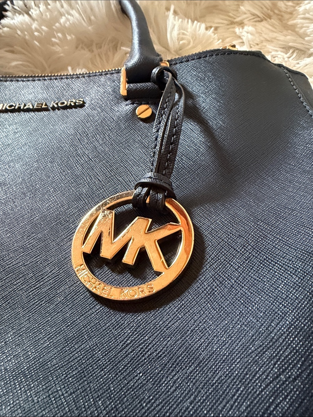 Michael Kors Navy Saffiano Leather Satchel with Gold Hardware - Picture 15 of 17
